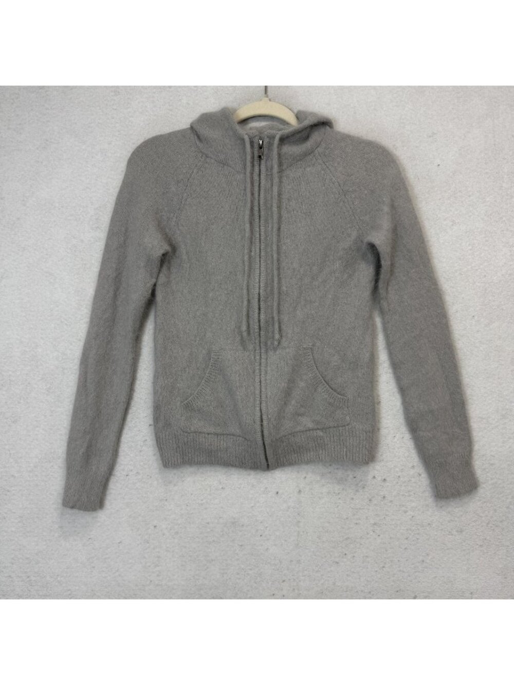 Moda International Cardigan Sweater Womens Small Gray Angora Hooded Full Zip
